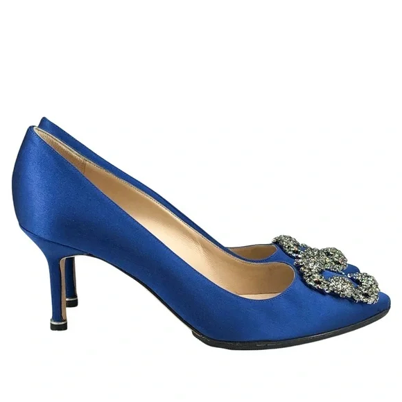 Manolo Blahnik Hangisi 70 Blue Satin Crystal Buckle Pumps 37.5 - Picture 2 of 7